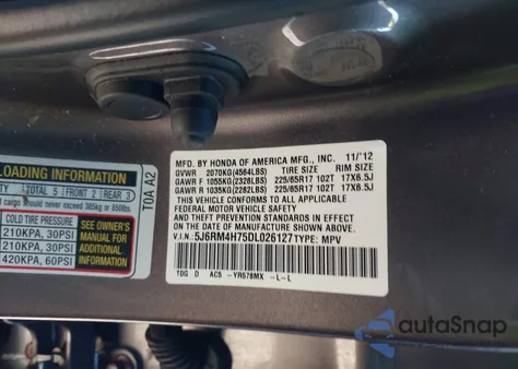 2013 Honda Cr-V Ex-L z USA, uszkodzony, nr VIN 5J6RM4H75DL026127